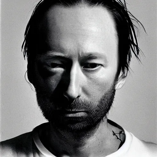 Image similar to Yorke Radiohead thom, with a beard and a black jacket, a portrait by John E. Berninger, dribble, neo-expressionism, uhd image, studio portrait, 1990s