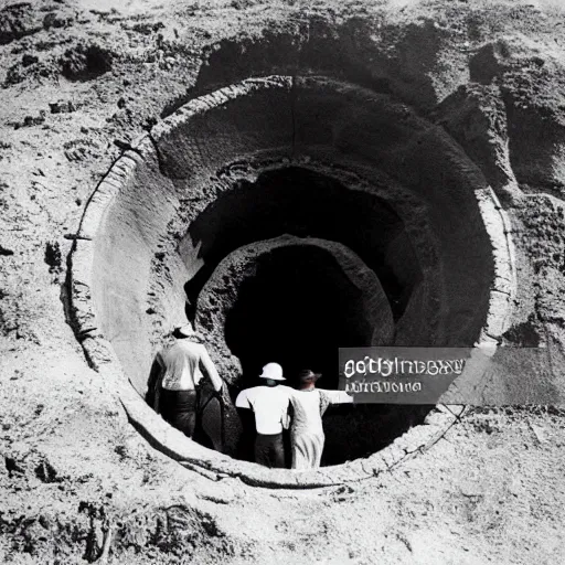 Image similar to old photo of 2 archeologists standing above a hole in the ground looking at an old crashed alien spaceship in the hole, realistic, historic, press photo, black and white