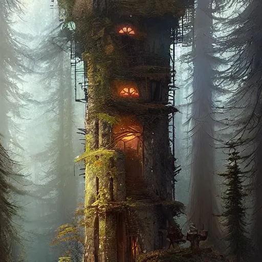 Image similar to a magical tower in the middle of the woods, magical forest, by Jordan Grimmer and greg rutkowski, crisp lines and color,