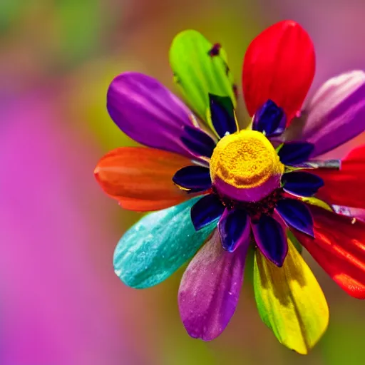 Image similar to closeup photo of rainbow - colored flower with 7 petals, held by hand, shallow depth of field, cinematic, 8 0 mm, f 1. 8