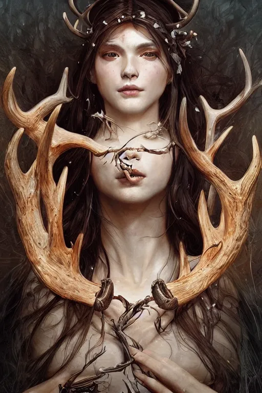 Image similar to ultra realistic illustration, a stunningly beautiful shaman girl with antlers and bone fragments, intricate, elegant, highly detailed, digital painting, artstation, concept art, smooth, sharp focus, illustration, art by artgerm and greg rutkowski and alphonse mucha