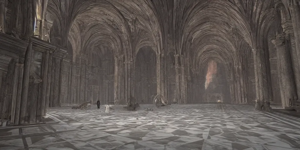 Image similar to the grand halls of anor londo, marble floors, art by kotaro chiba, volumetric lighting, epic composition