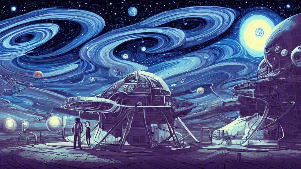 Prompt: elon musk at starbase by cyril rolando and naomi okubo and dan mumford and ricardo bofill. lovecraft. lovecraftian. starry night swirly sky.