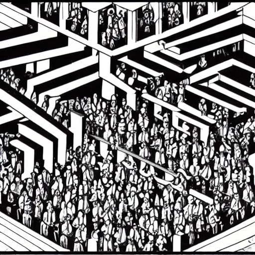 Image similar to a m. c. escher style drawing of a nightclub filled with people