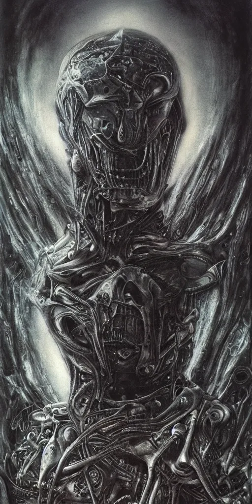 Image similar to portrait of keanu reeves, hyperdetailed, nightmare, abomination, ultrarealistic, by h. r. giger and zdislaw beksinski, science fiction, alien, religious art, mandelbrot fractal, trending on deviantart