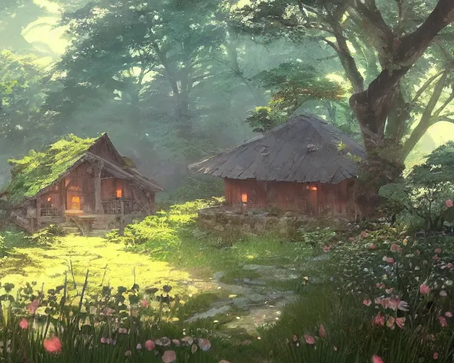 Prompt: old hut in the woods with a flower garden near a waterfall, gapmoe kuudere moody lighting stunning bokeh highlights sharp contrast | trending pixiv fanbox | by greg rutkowski makoto shinkai takashi takeuchi studio ghibli