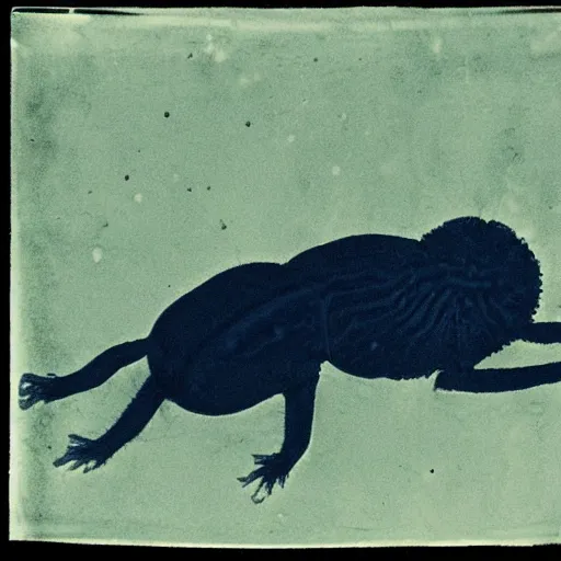 Image similar to a cyanotype of a strange creature crawling on the ceiling of a living room