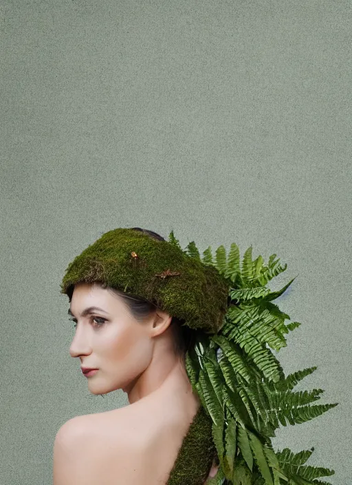 Image similar to a photo of a female model, organic headpiece, fern, vines, horn, moss, fashion photography, realistic, hyperdetails, dark grey backdrop studio, body covered in moss and tree bark texture