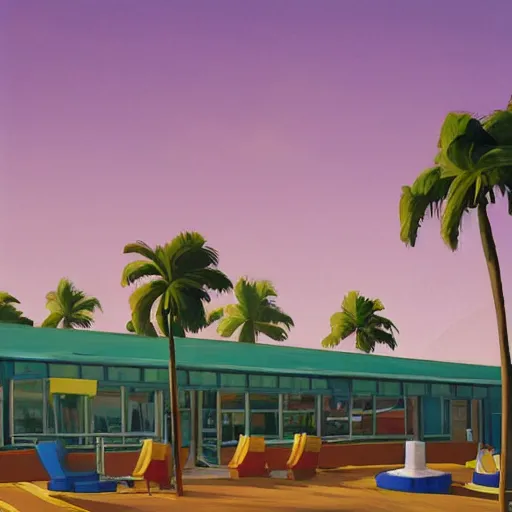 Image similar to inside seaside diner with palm trees by simon stalenhag