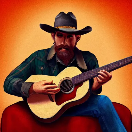 Image similar to a fox animal, wearing cowboy hat, wearing plaid shirt, playing guitar, in barn, album cover style, artstation