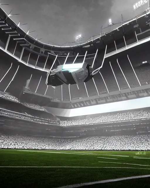 Image similar to a futuristic stadium with a giant black and white gundam on the field, the stadium has a full crowd, unreal engine, hyper realism, realistic shading, cinematic composition, realistic render, octane render, detailed textures, photorealistic, wide shot