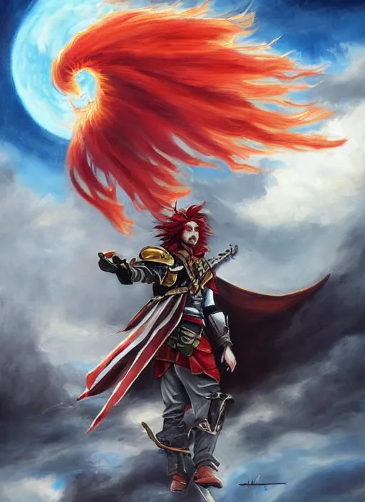 Image similar to epic fantasy portrait painting of a long haired, red headed male sky - pirate in front of an airship in the style of the gundam
