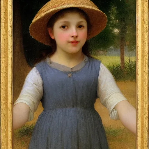 Prompt: young girl wearing a straw hat and a yellow shirt, full-length, bouguereau