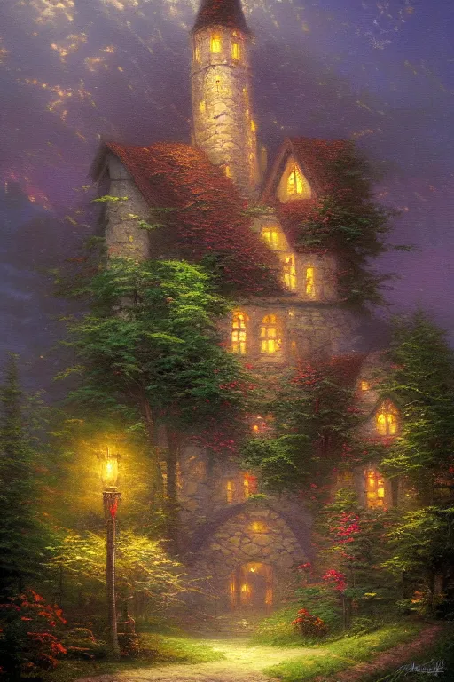 Prompt: thomas kinkade oil painting of rapunzels tower, canvas, forest, woods, candlelit window, surreal, artstation trending