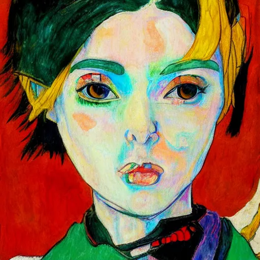 Image similar to colorful anime girl painted in the style of egon schiele