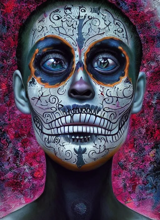 Image similar to dia de los muertos theme surrealist!!! art in the styles of igor morski, jim warren, and aida muluneh, intricate, hyperrealistic, accurate facial details, profile picture with chromakey!!!!! background, volumetric lighting