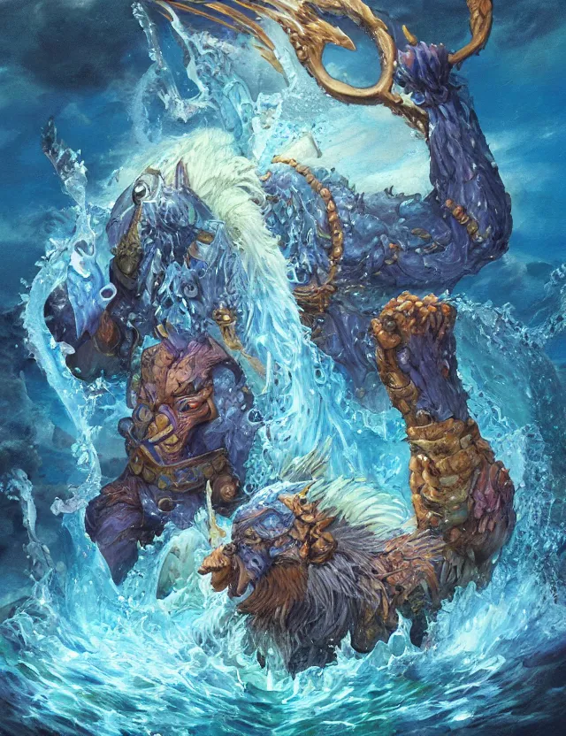Prompt: beastgod of water and gemstones. this oil painting by the beloved children's book illustrator has interesting color contrasts, plenty of details and impeccable lighting.