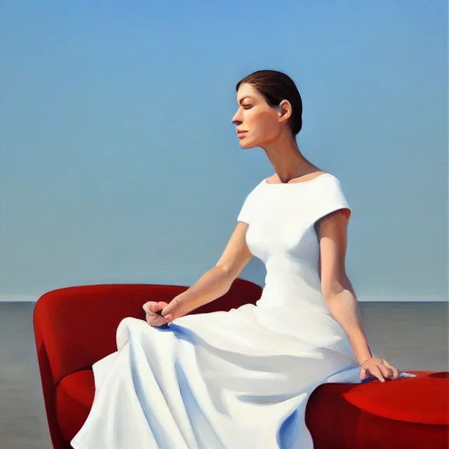 Prompt: a painting of a stunning woman in a white dress, a photorealistic painting by julio larraz, trending on cg society, figurative art, hyper realism, oil on canvas, detailed painting