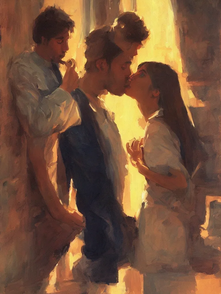 Prompt: masterpiece painting by salman toor, of a solo individual portrait of a guy and a girl kissing, cinematic light, renaissance, atmospheric effects, artstation