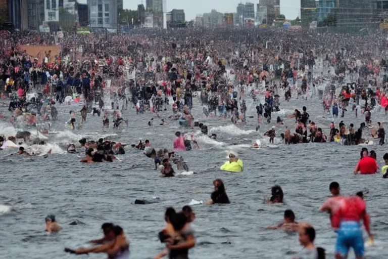 Prompt: millions of people watching an tsunami in new york