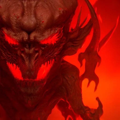 Prompt: a huge red demon in the hell. digitalart. artstation. unreal 5. unreal engine. award winning. high detail. hyper realistic. highly detailed.