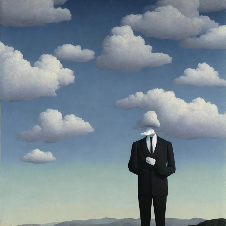 Prompt: portrait of a faceless chrome - head man in a suit and black gloves, clouds and nature landscape in the background, by rene magritte, detailed painting, distance, centered, hd, hq, high resolution, high detail, 4 k, 8 k