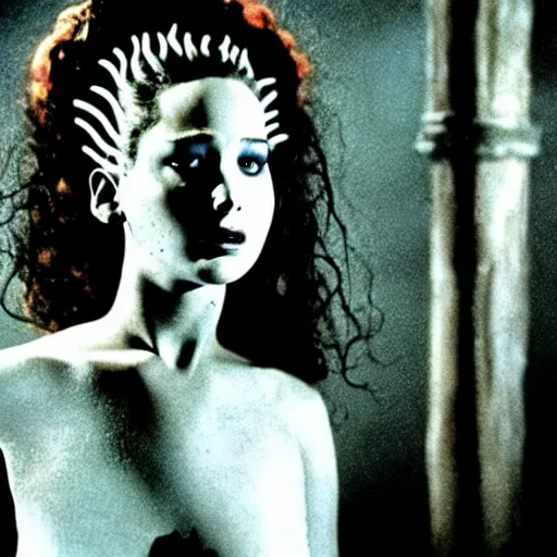 Image similar to jennifer lawrence as bride of frankenstein, color photography, sharp detail, still from the movie