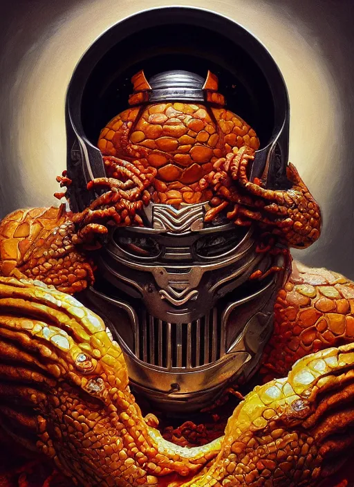 Image similar to orange slice mf doom reptile eyes, metal orange peel skin. intricate, elegant orange juice, highly detailed, centered, digital painting, artstation, concept art, smooth, sharp focus, illustration, artgerm, tomasz alen kopera, peter mohrbacher, donato giancola, joseph christian leyendecker, wlop, frank frazetta