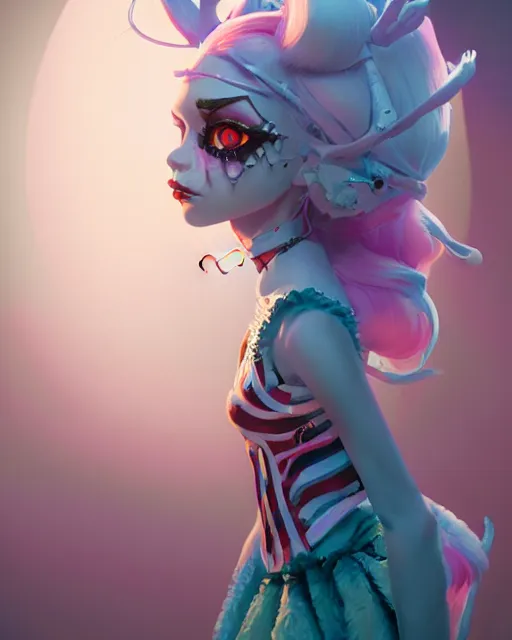 Image similar to portrait of monster high doll, stephen bliss, unreal engine, by greg rutkowski, loish, rhads, makoto shinkai and lois van baarle, ilya kuvshinov, rossdraws, global illumination, radiant light, detailed and intricate environment, pastel lighting