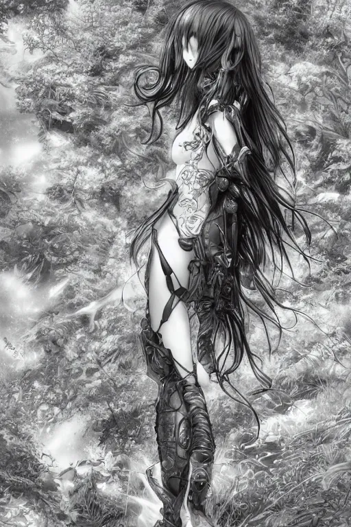 Prompt: a vertical portrait of a character in a scenic environment by Yoshitaka Amano, black and white, dreamy, cybernetic suit, wavy long black hair, highly detailed