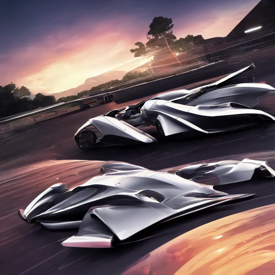 Image similar to exotic futuristic sportscar race designed by lotus pininfarina and vw design, circa 9, 0 0 0, sunset background, hdr, photorealistic, volumetric lighting, 8 k, bokeh