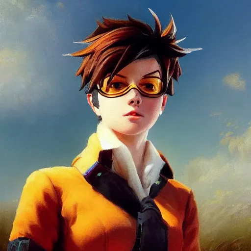 Image similar to oil painting of tracer overwatch in a field wearing spiked collar uniform, in style of ivan aivazovsky, expressive face, detailed face, detailed eyes, full body, feminine face, tracer overwatch,