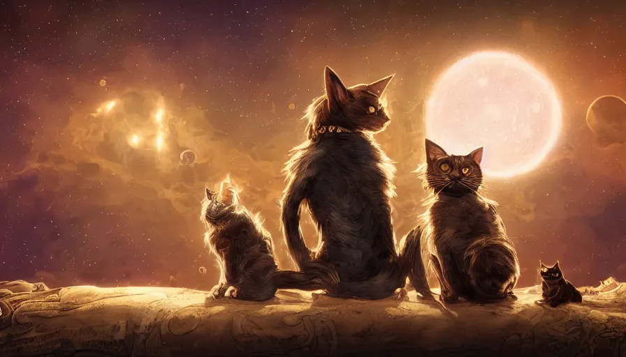 Prompt: steampunk cat and steampunk dog looking at the stars at night, stardusts, back view, hyperdetailed, artstation, cgsociety, 8 k