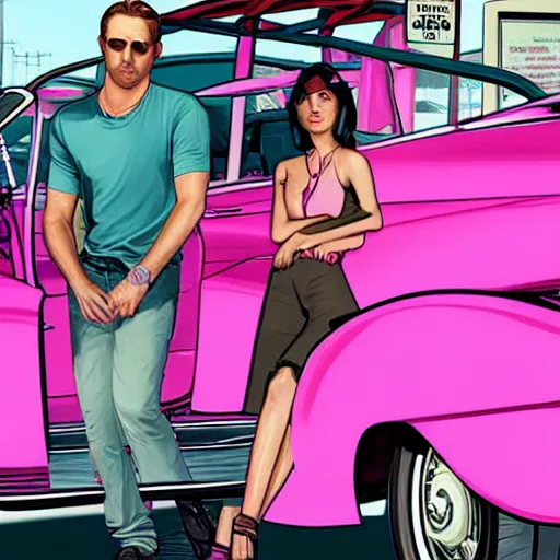 Image similar to gta v cover art by stephen bliss of ryan gosling wearing aviator sunglesses near a pink convertible car