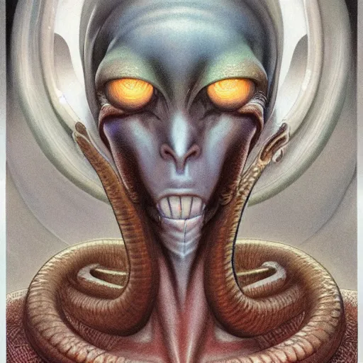 Image similar to facial portrait of tall, long-necked lipless mutant with scaled face and serpent eyes wearing gauze toga and standing in science fiction art deco mosque, alien bestiary by Barlowe, Greg Rutkowski, and Yoshitaka Amano