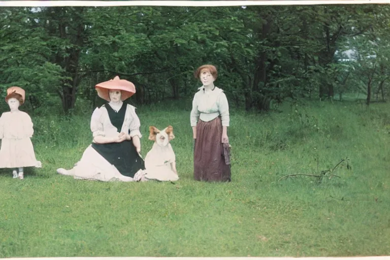 Image similar to autochrome photograph, family photo, anne of the green gables with her elder step parents, and a border collie sitted aside.