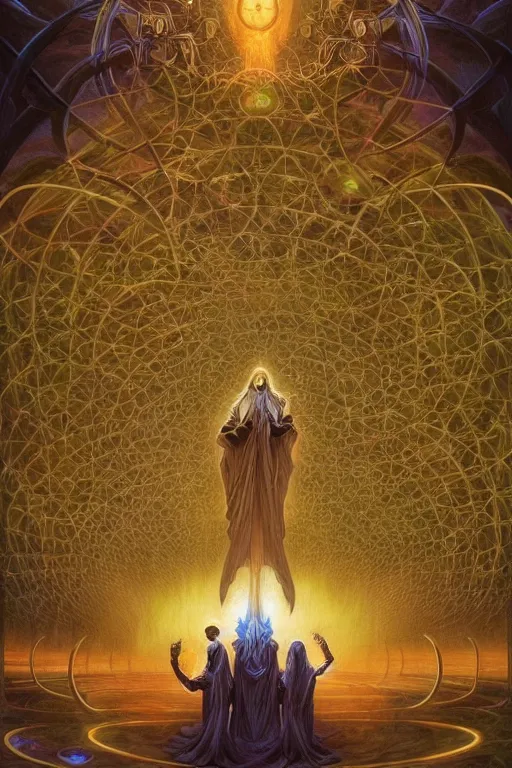 Image similar to an advanced technological computer!!!!!, surrounded by a dark cabal of hooded elven mystics with long robes gathered in a circular formation, michael whelan, dan seagrave, boris vallejo, quantum computer!!!! quantum computer