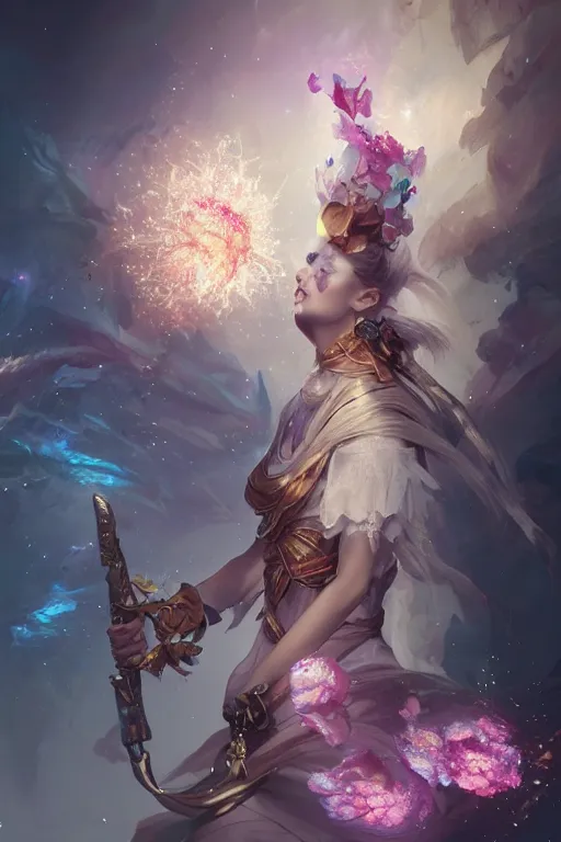 Image similar to beautiful girl necromancer covered with crystals exploding space, 3 d render, hyper realistic detailed portrait, holding magic flowers, ruan jia, wlop. scifi, fantasy, hyper detailed, octane render, concept art, peter mohrbacher