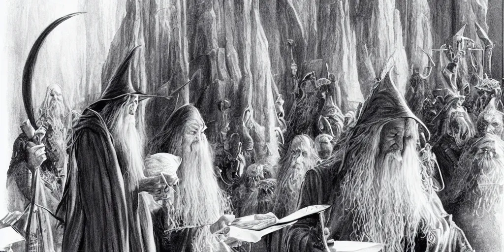 Prompt: Gandalf signing autographs at his album releases party for the album “Fly, You Fools”, detailed illustration sketch drawing by John Howe