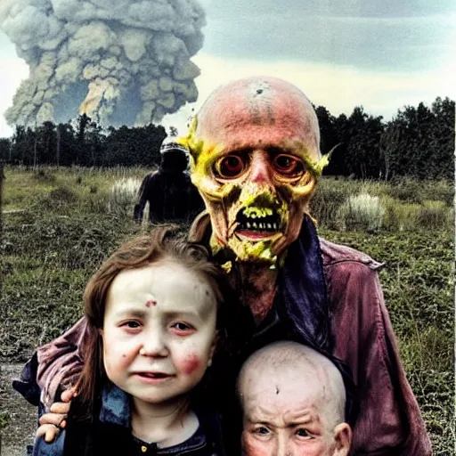 Image similar to selfie of the last surviving ukrainian with children with evil faces, wild pain and damage to the body burns alive to the bone, painted in dirty yellow - blue colors, a huge nuclear explosion is approaching in the background, corpses and skeletons are everywhere, the earth is on fire, smoke and radioactive rain