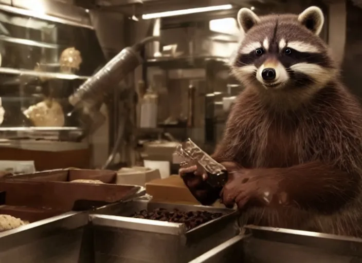 Image similar to film still of Rocket Racoon working as a chocolatier in the new Avengers movie, 4k