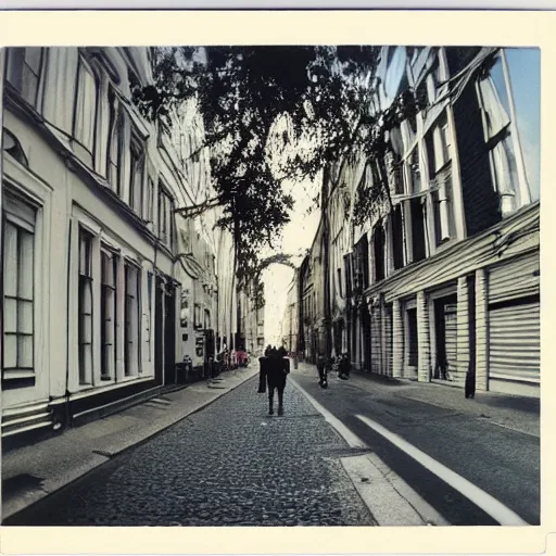 Prompt: low angle wideshot of Helsinki street, breathtaking polaroid photo,