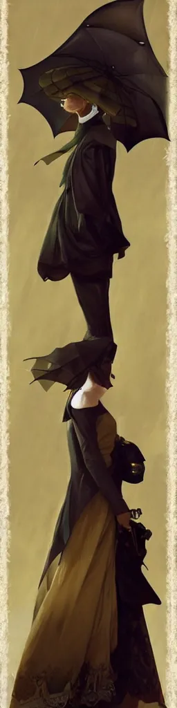 Image similar to A very tall, slender woman wearing black puffy clothes and holding a yellow umbrella, sharp focus, intricate, elegant, digital painting, artstation, matte, highly detailed, concept art, illustration, ambient lighting, art by artgerm, Alphonse mucha, and Greg Rutkowski