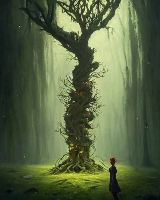 Image similar to highly detailed surreal vfx portrait of a cursed crown in a shadowy forest by a willow tree, stephen bliss, unreal engine, greg rutkowski, loish, rhads, beeple, makoto shinkai and lois van baarle, ilya kuvshinov, rossdraws, tom bagshaw, alphonse mucha, global illumination, detailed and intricate environment