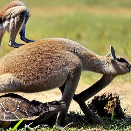 Prompt: a kangaroo fighting a turtle