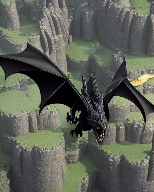 Prompt: 3d render of a black dragon flying over a castle, art by nicola saviori and studio ghibli, octane render, trending on artstation, golden ratio, anatomy, macro, studio ghibli color scheme, cgsociety