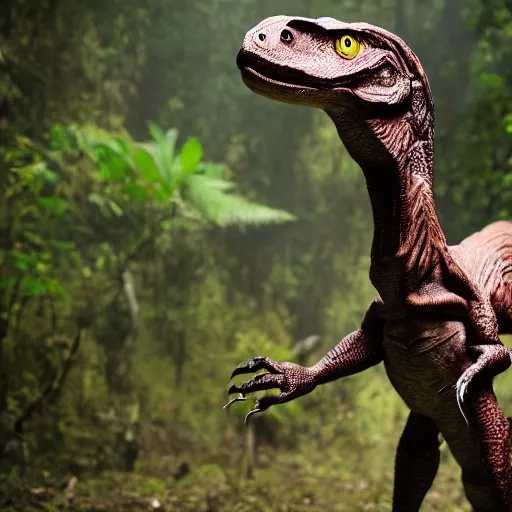 Image similar to Velociraptor dinosaur, walking in the jungle, the velocirapter has blood on its teeth, 8k, professional photography, cinematic shot, dark, smoke