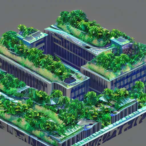 Image similar to vaporwave jungle city 3 d render