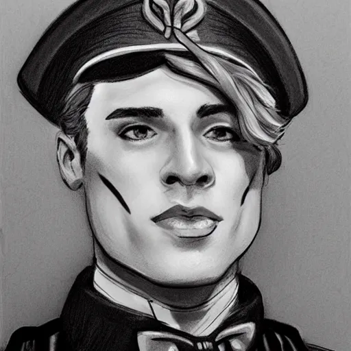 Image similar to a seafairing gay french man with a snooty smug smile, sailor's uniform, twink, charcoal drawing, black and white, ink and paper, portrait, trending on artstation, behance, deviantart, drawn by tom lovell, artgerm, jsc, j. scott campbell