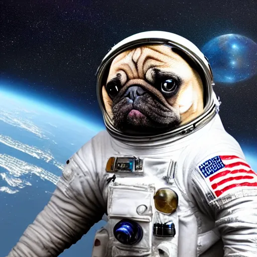 Image similar to hyper realistic, highly detailed, astronaut pug in space.